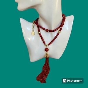 Zenzii Long Red Beaded Sautoir Tassel Sweater Necklace
